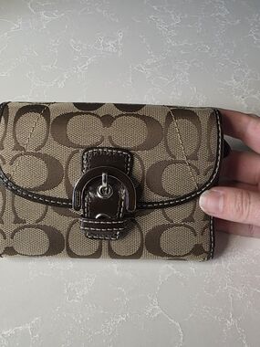 Coach Brown Signature Canvas Wallet with Dark Brown Trim